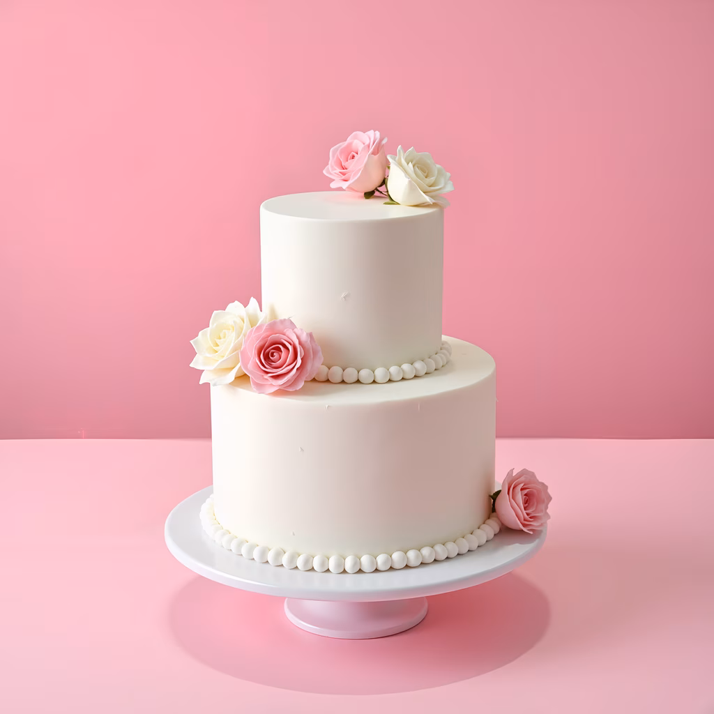 Elegant two-tier cake with sugar roses and beads, perfect for a special occasion.