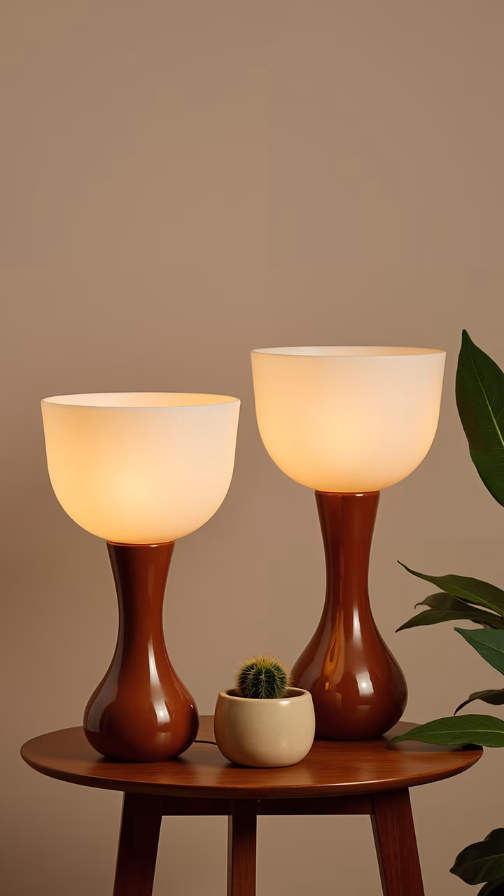 Vintage table lamps casting a warm glow in a cozy interior setting.