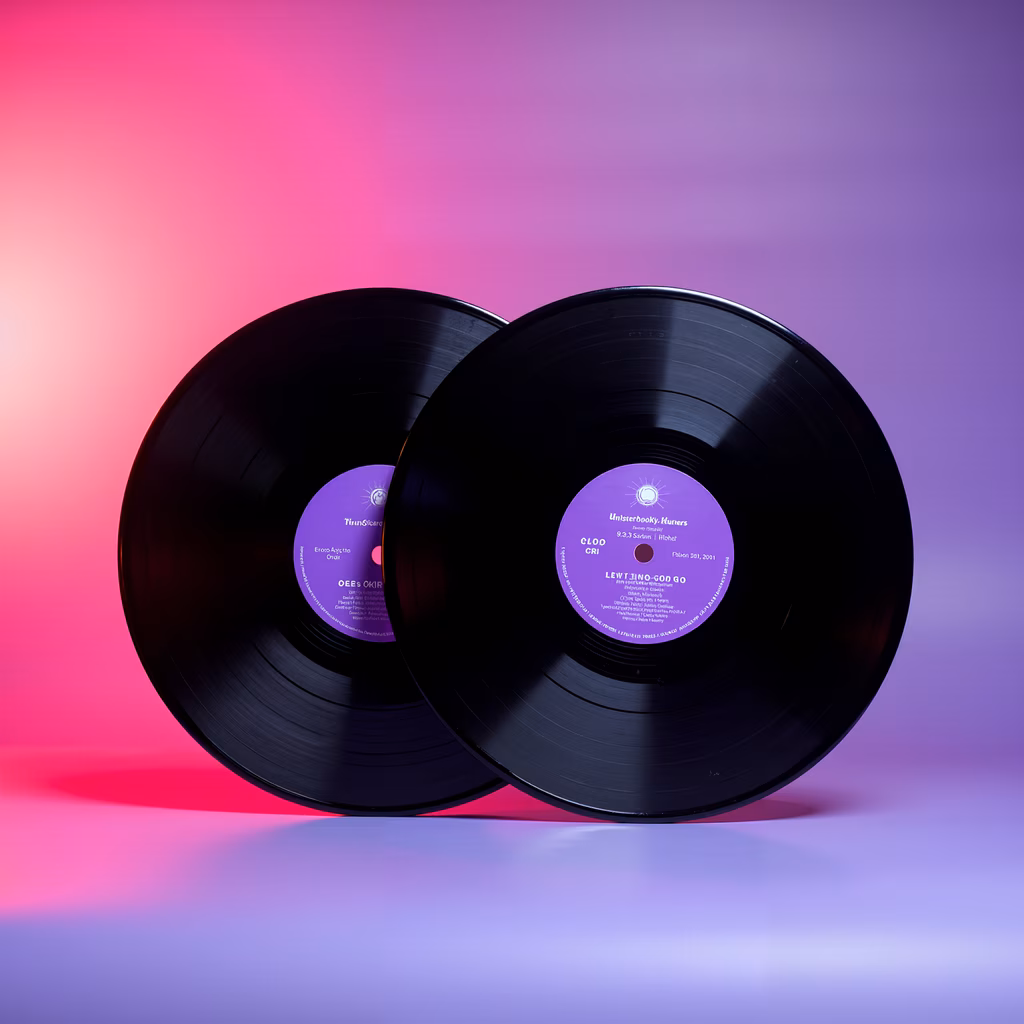 Two vinyl records against a colorful gradient background, evoking nostalgia and artistry.
