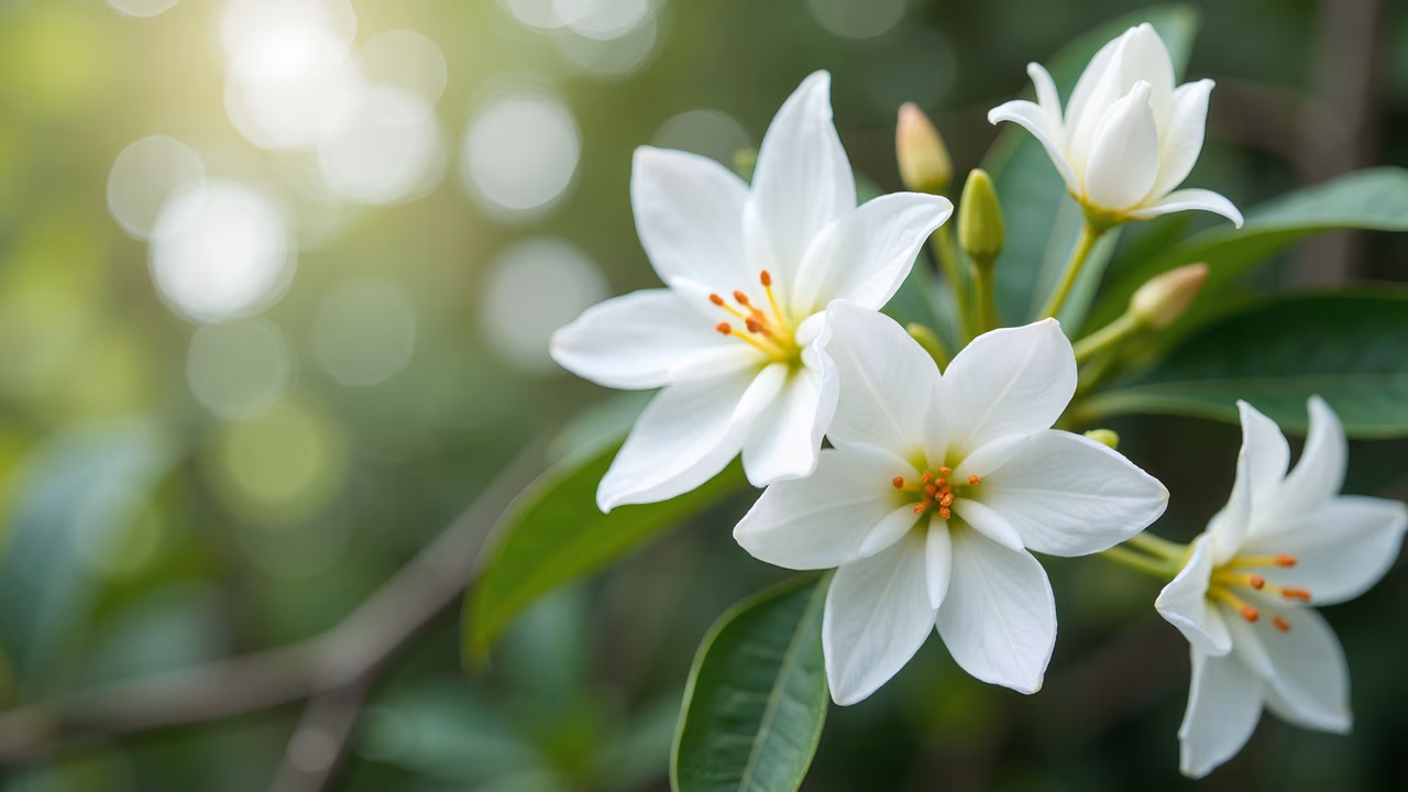 Close-up of white flowers in bloom, surrounded by green leaves, creating a serene and natural ambiance.