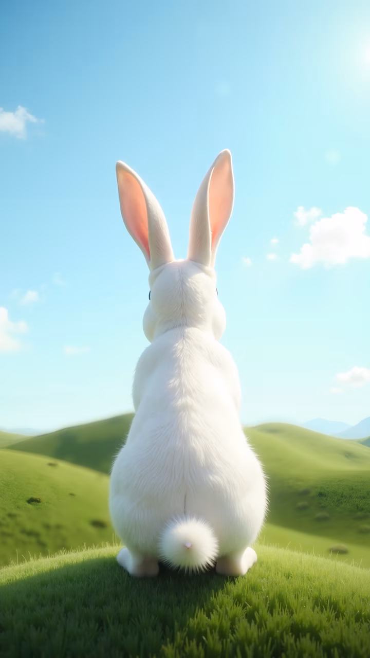 A white rabbit stands on hind legs, gazing into a sunlit pastoral landscape.