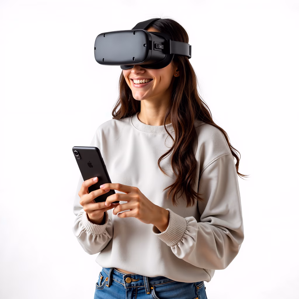 Woman wearing VR headset, interacting with smartphone, experiencing virtual reality.