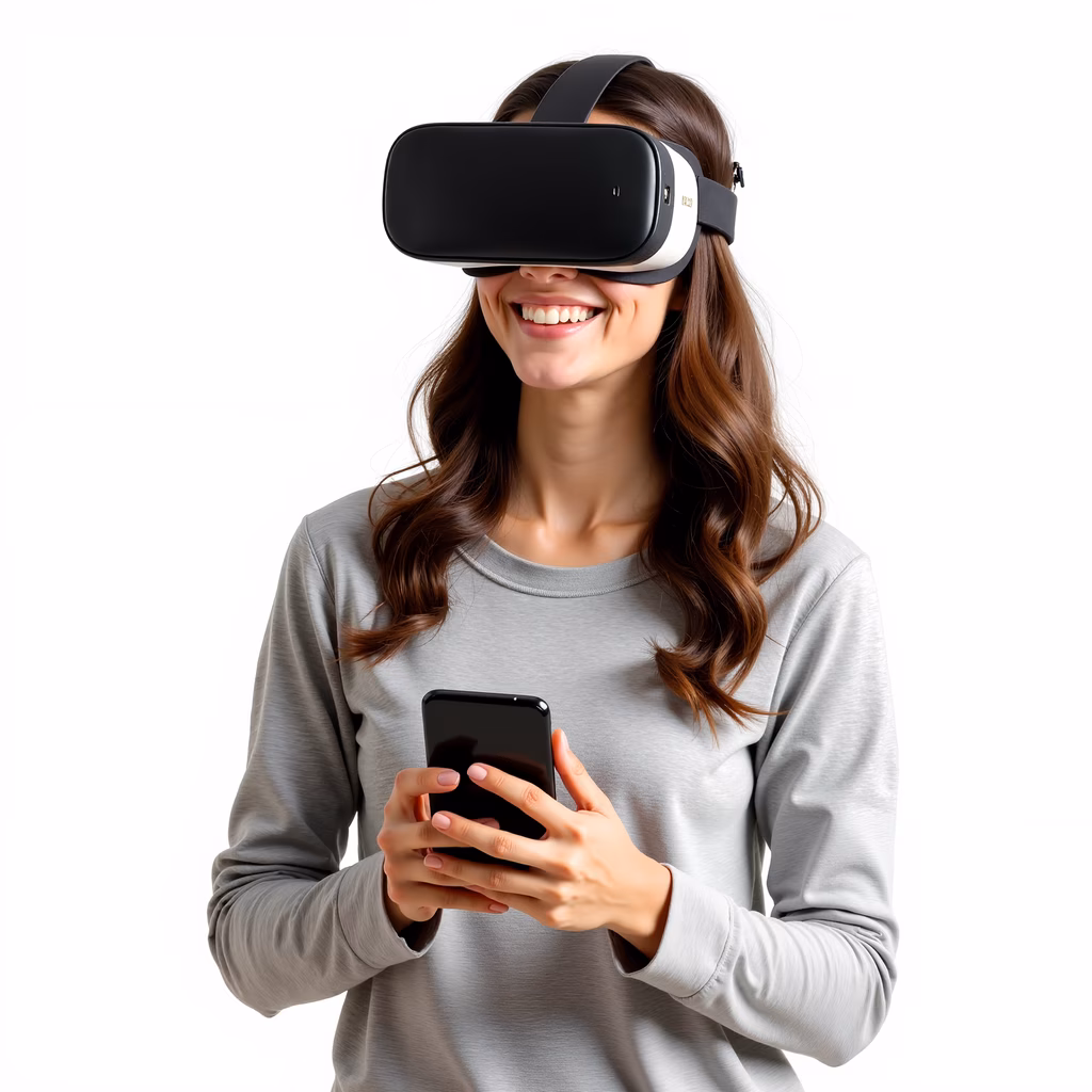 Woman enjoying VR experience with a smile.