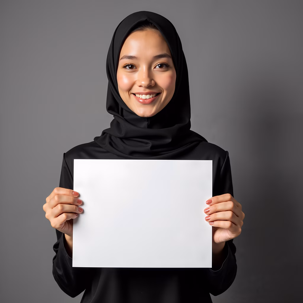 Woman in hijab holding blank paper, smiling warmly.