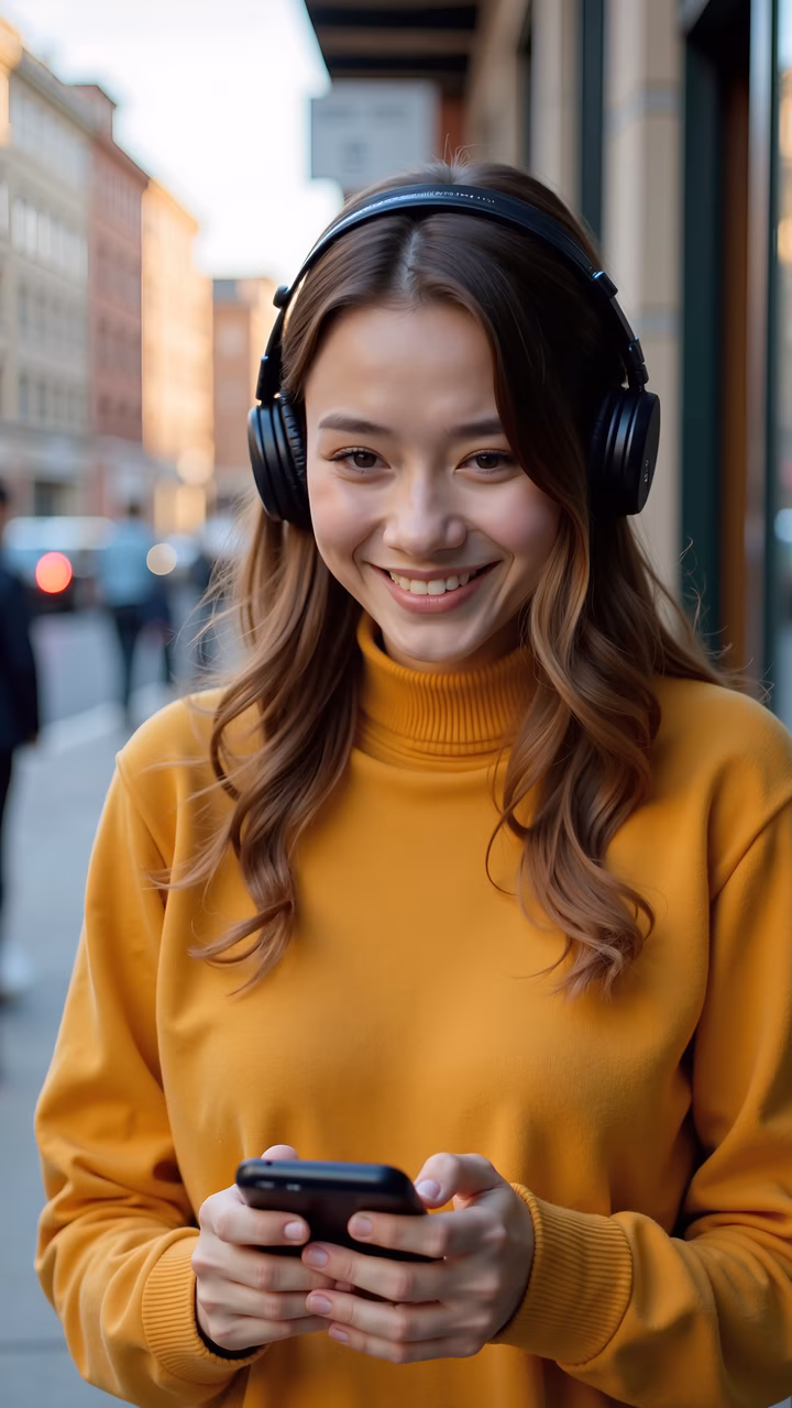 A joyful moment of a woman enjoying music in an urban setting.