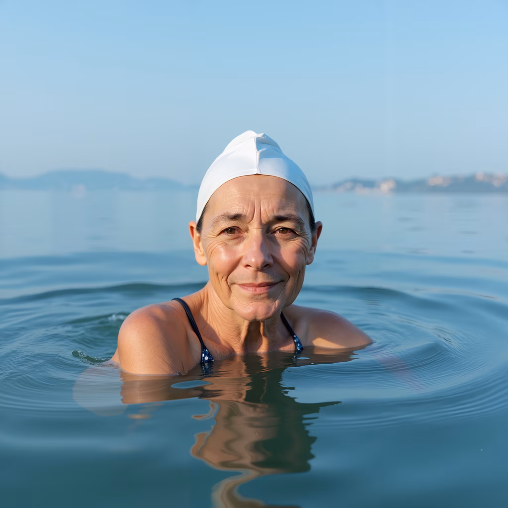 A woman enjoying a swim in a serene coastal setting.