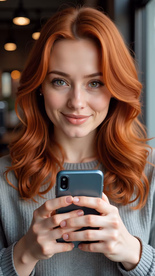 Woman with Red Hair Using Smartphone