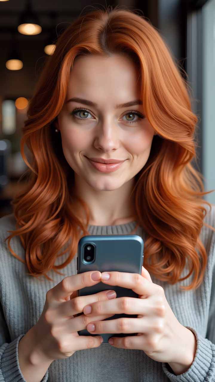 Close-up portrait of a woman with red hair using a smartphone, indoor setting with warm bokeh lights.