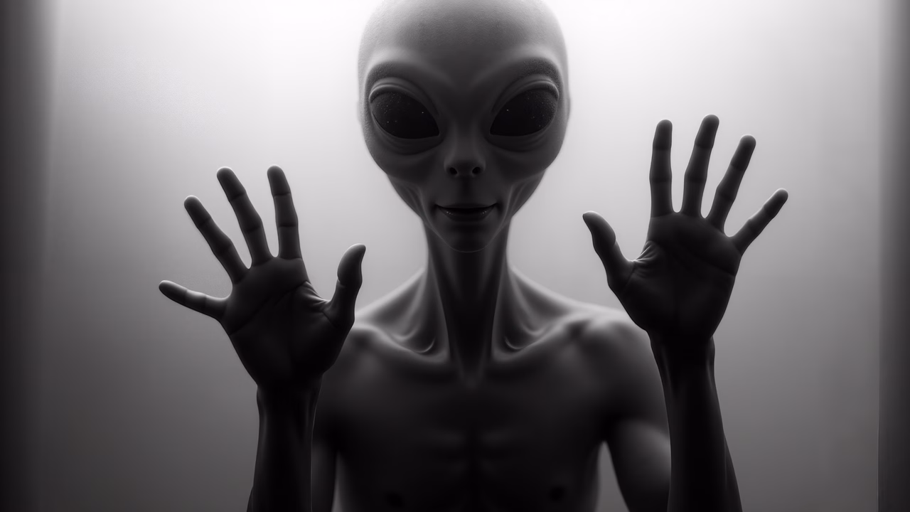 Mysterious alien encounter in black and white.