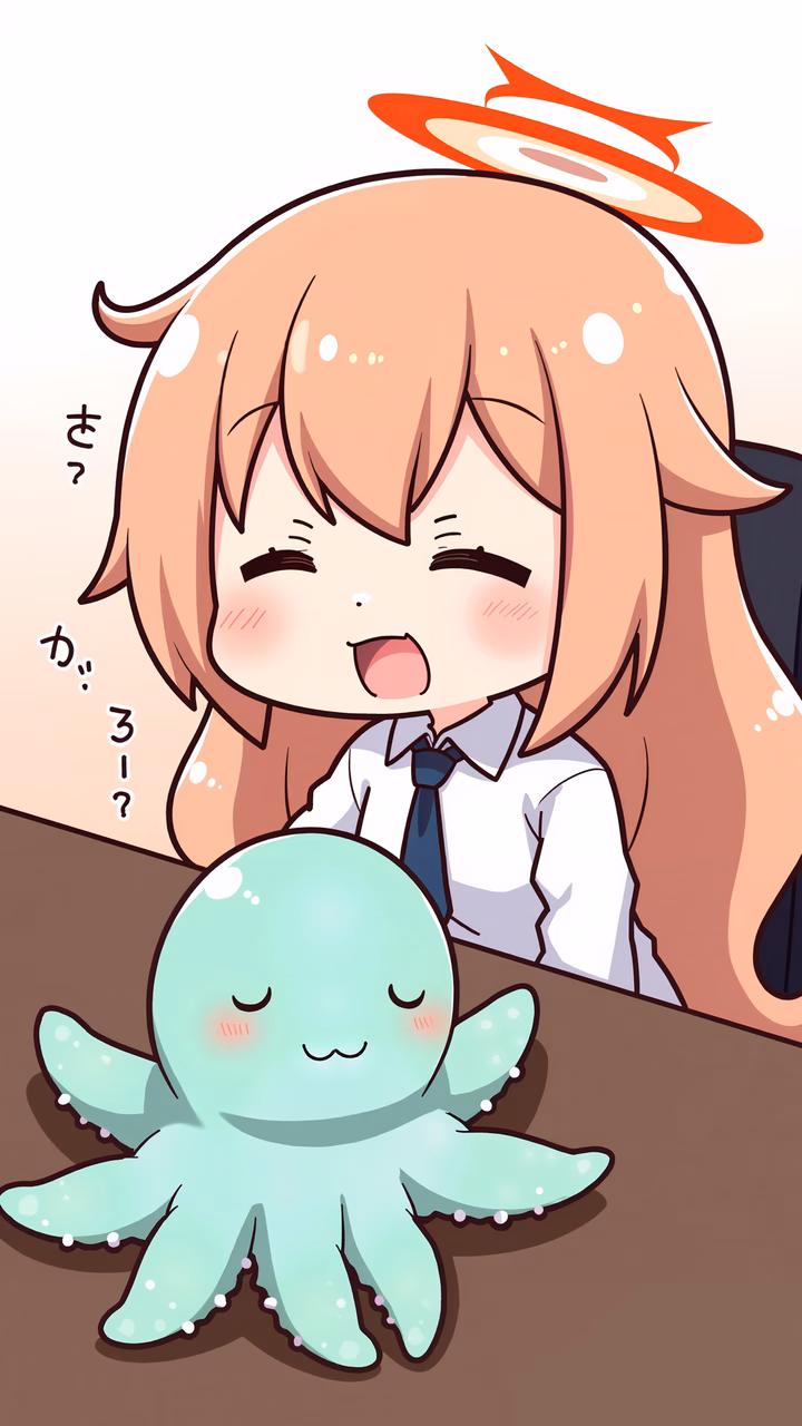 A cute anime angel girl holding a green octopus plush toy, exuding sweetness and innocence.