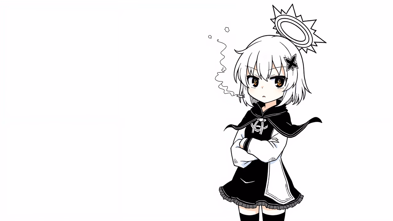 Chibi maid with halo and star hair, minimalist monochrome style.
