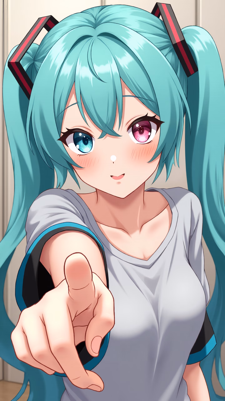 Vibrant anime girl with contrasting eye colors pointing at you.