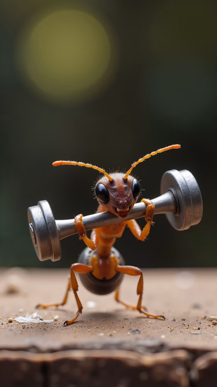 A humorous illustration of an ant lifting weights, highlighting strength and determination.