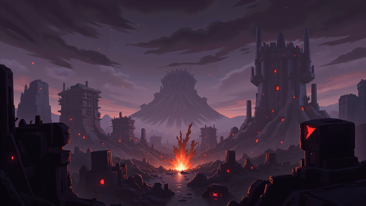 A haunting depiction of a post-apocalyptic world with crumbling ruins and a fiery explosion.