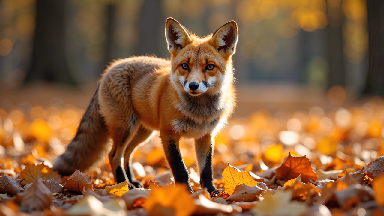 Close-up of a fox in autumn foliage, captured in warm light.