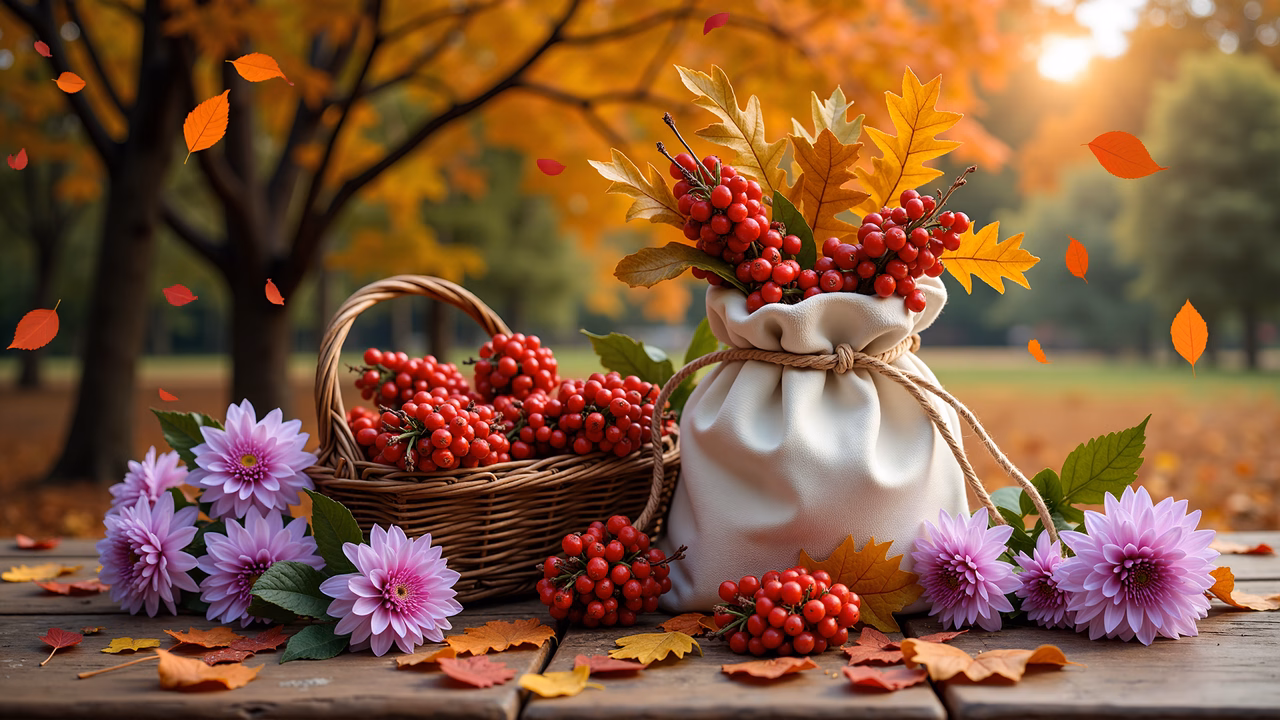 Autumnal still life with berries and flowers in a tranquil park setting.