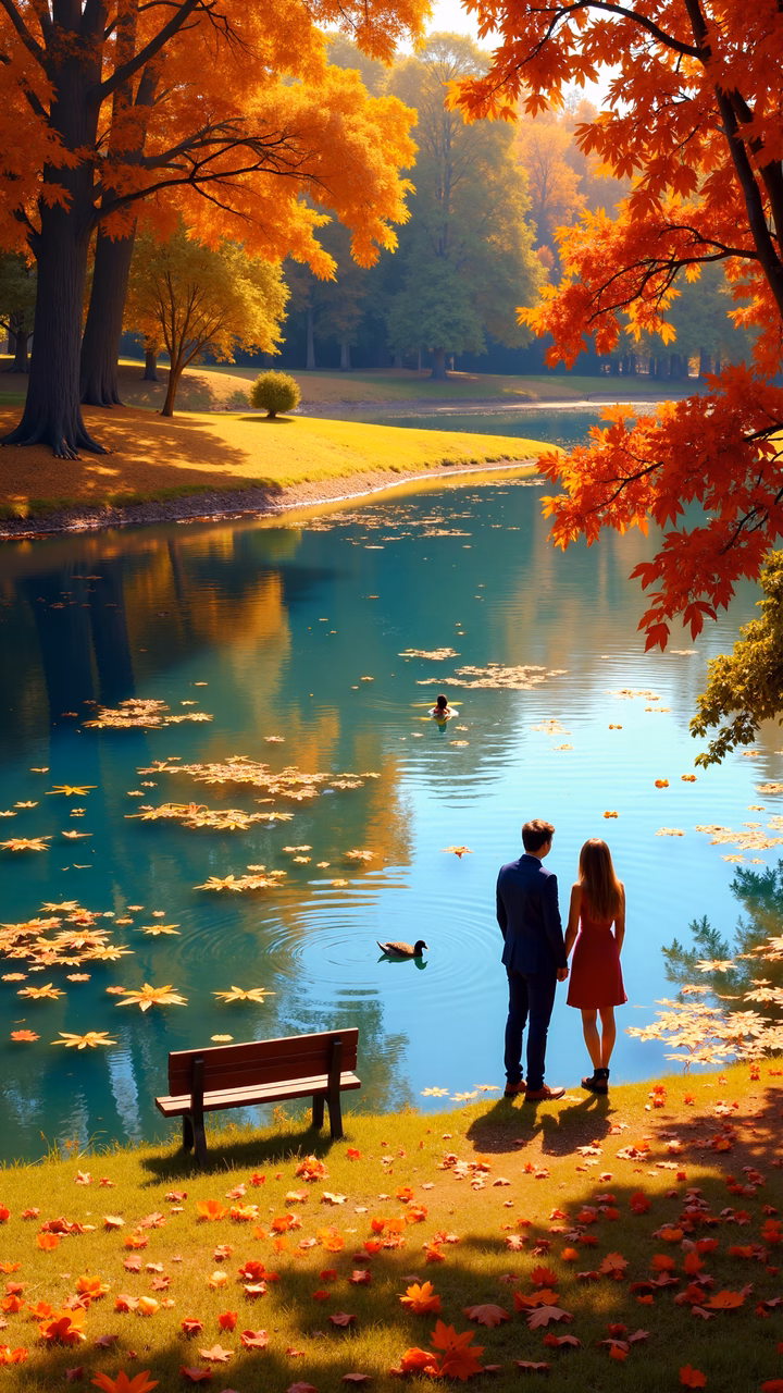 Two figures by a serene autumn lake, surrounded by vibrant foliage and calm reflections.