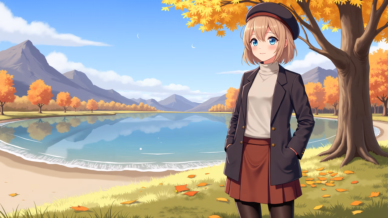 A young girl enjoying a peaceful autumn day by a lake surrounded by colorful trees and mountains.
