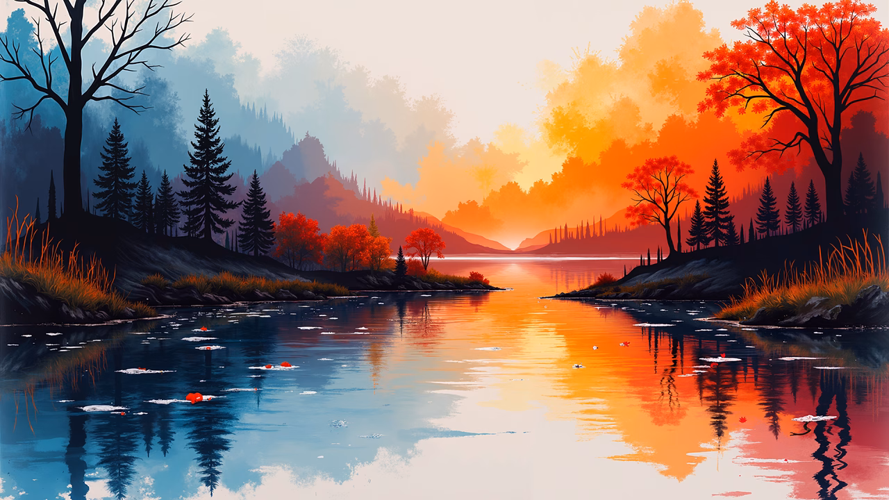 A tranquil autumn landscape with vibrant colors and serene reflections.