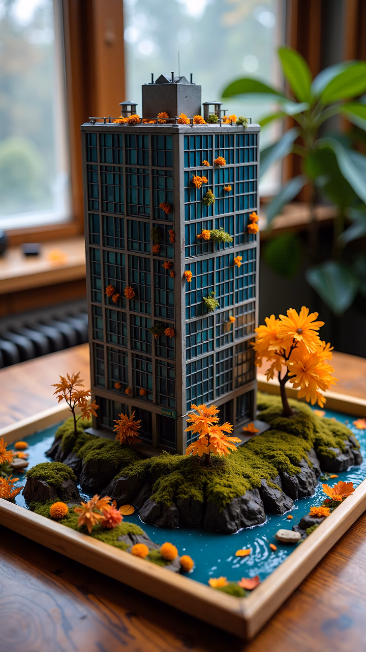Miniature autumnal cityscape with vibrant foliage and reflective water.