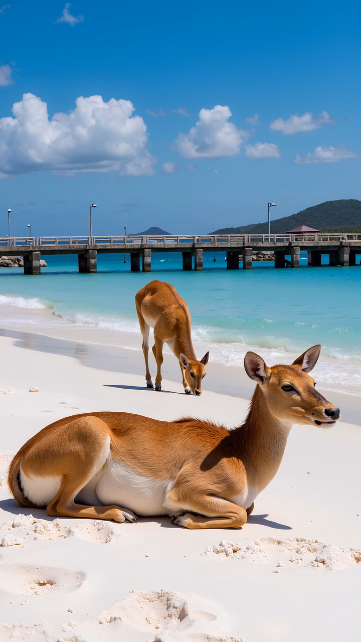 Relaxing deer on a beautiful beach with turquoise waters and a wooden pier.