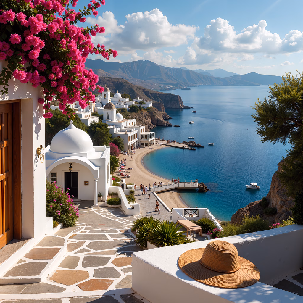 A tranquil beachside retreat with white buildings, pink flowers, and clear blue waters.