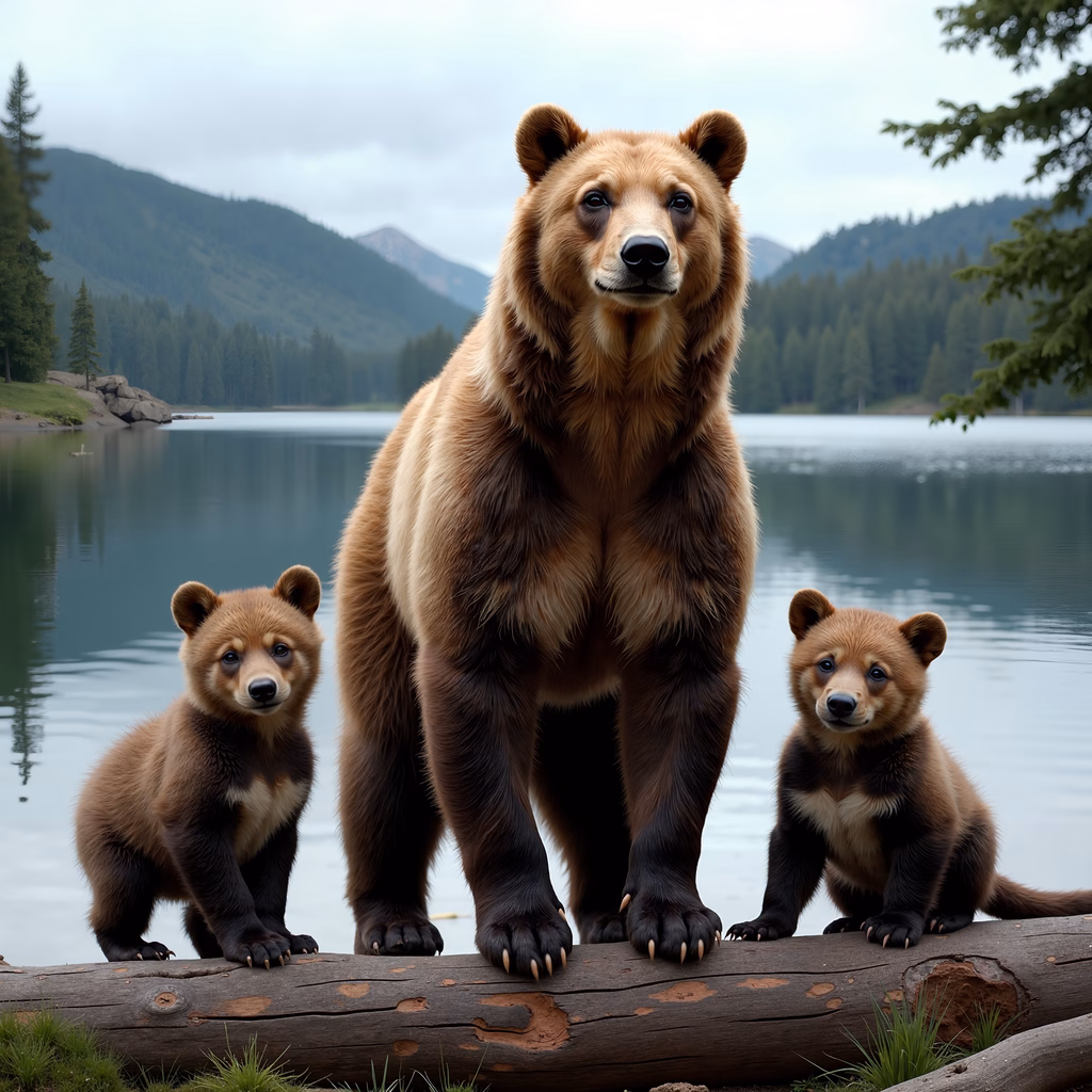 Mother bear and cubs by a calm lake, nature photography