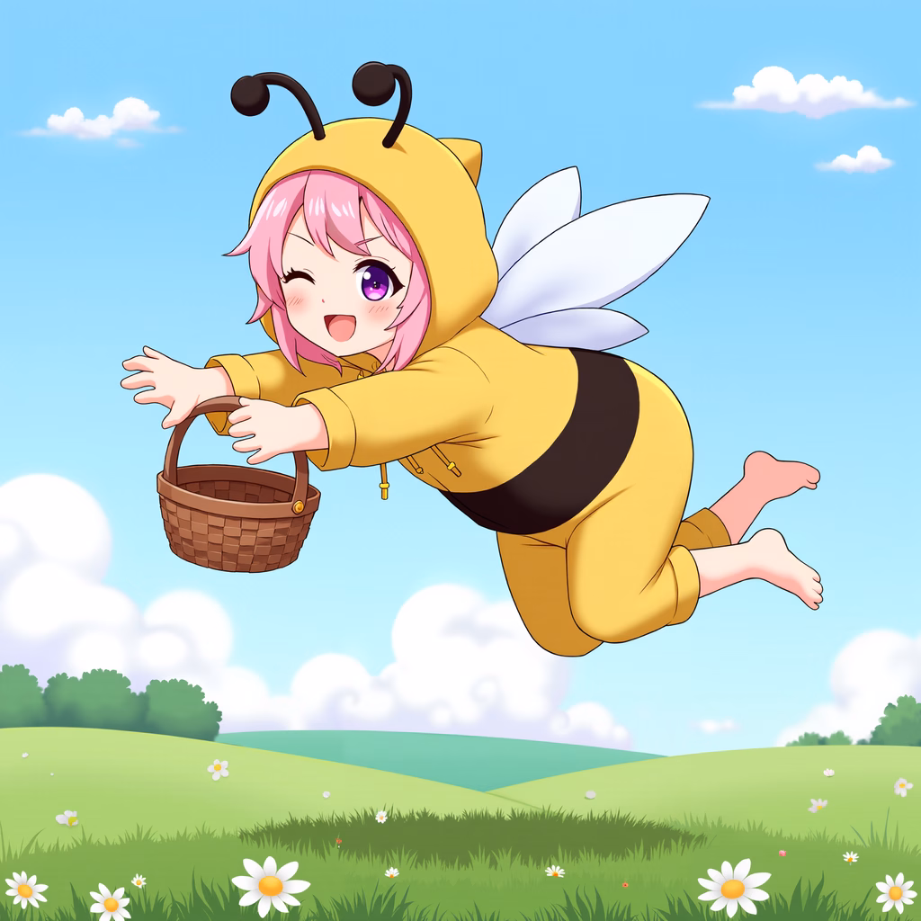 A cute girl in a bee costume flying through a sunny sky, holding a basket, surrounded by green hills and white flowers.