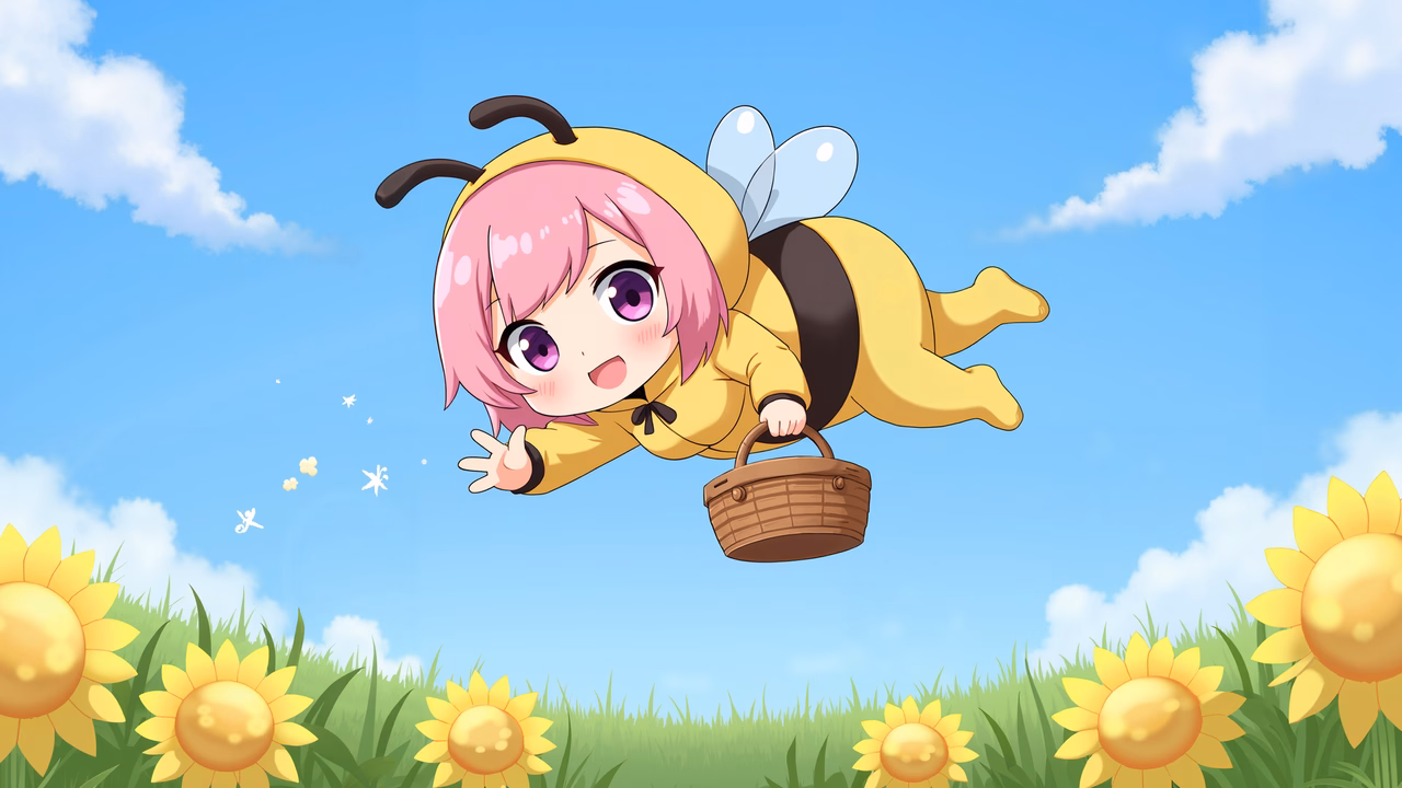 Cute anime girl in bee costume flying amidst sunflowers and clouds.