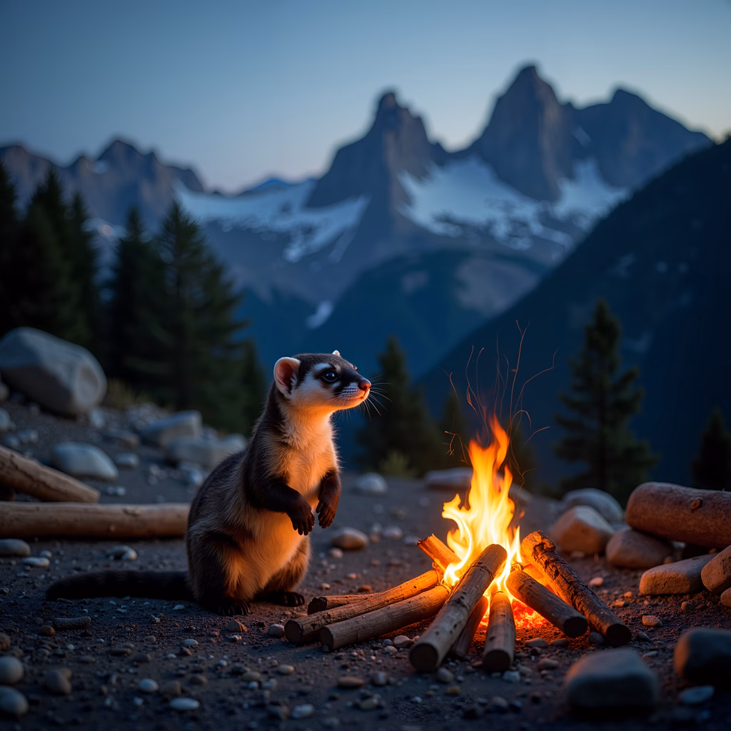 A black-footed ferret by a campfire against a mountainous backdrop.