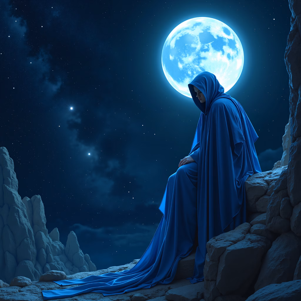 Solitary figure in blue robe under glowing moon, evoking mystery and introspection.