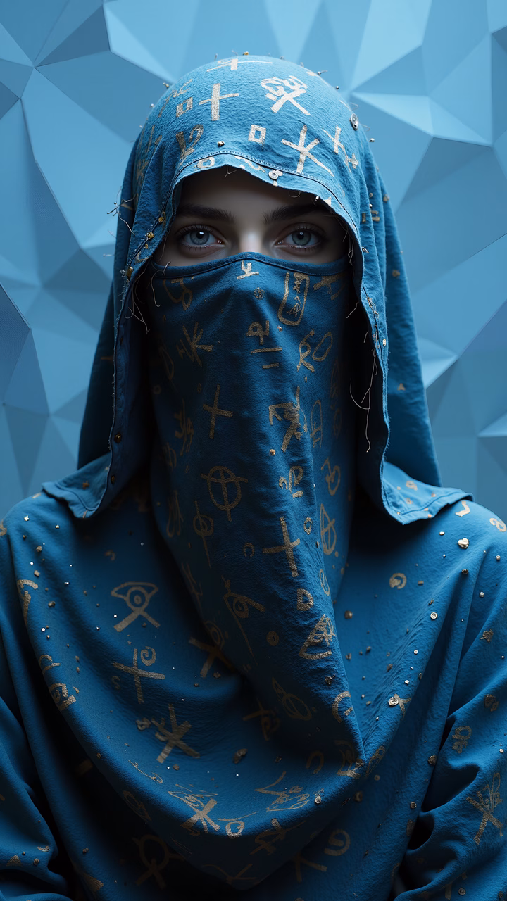Mysterious veiled figure with golden symbols against a blue geometric backdrop.