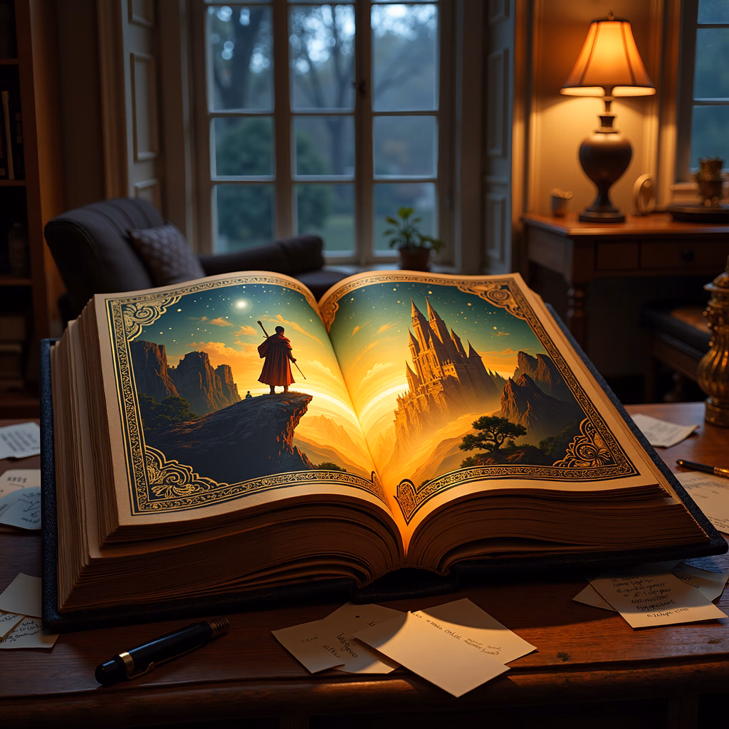 A magical journey captured in an illustrated book, featuring a lone traveler and a distant castle at sunset.