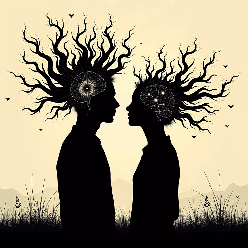 Silhouetted figures with brain designs, soft yellow background, intellectual exchange.