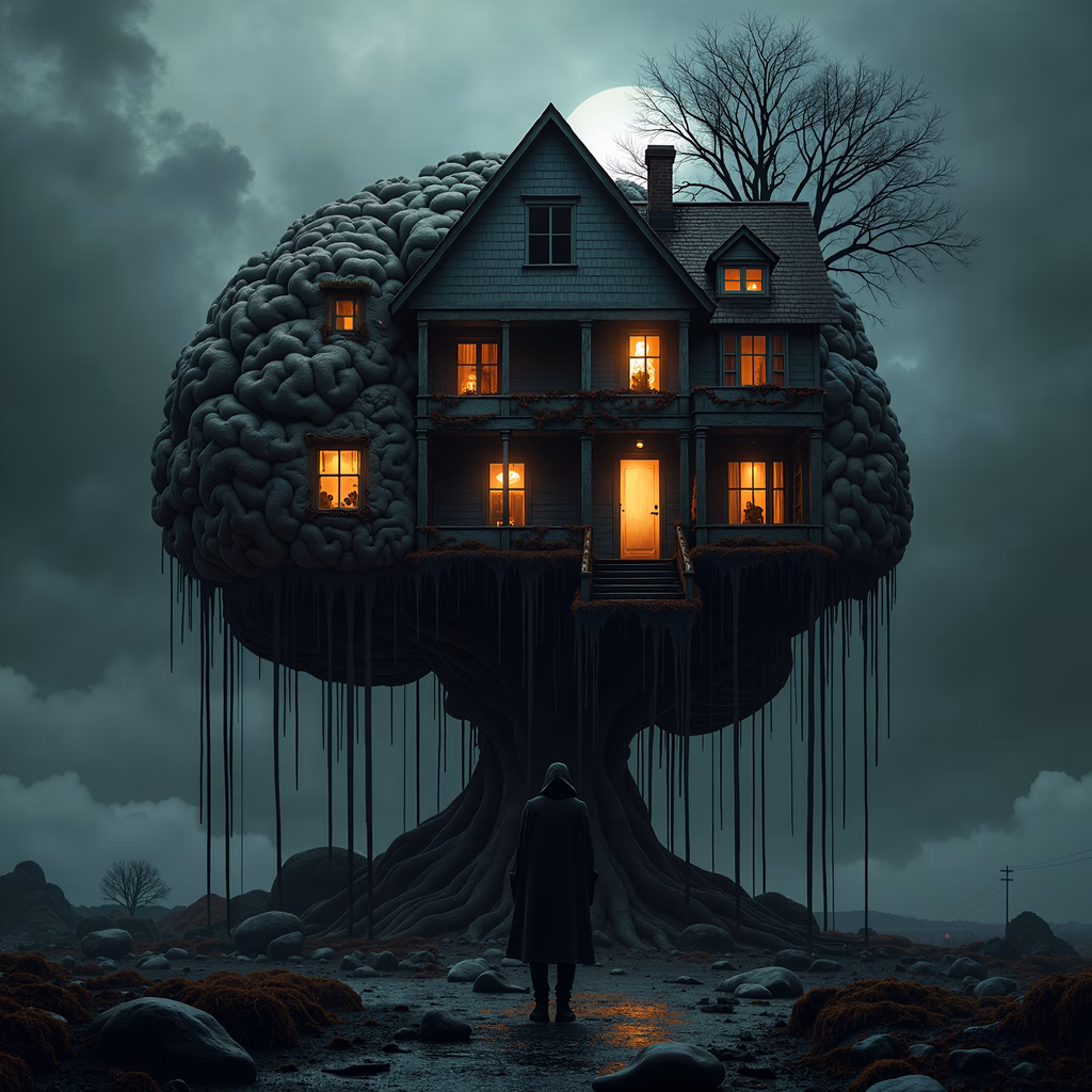 A brain-shaped house under a full moon, evoking mystery and unease.