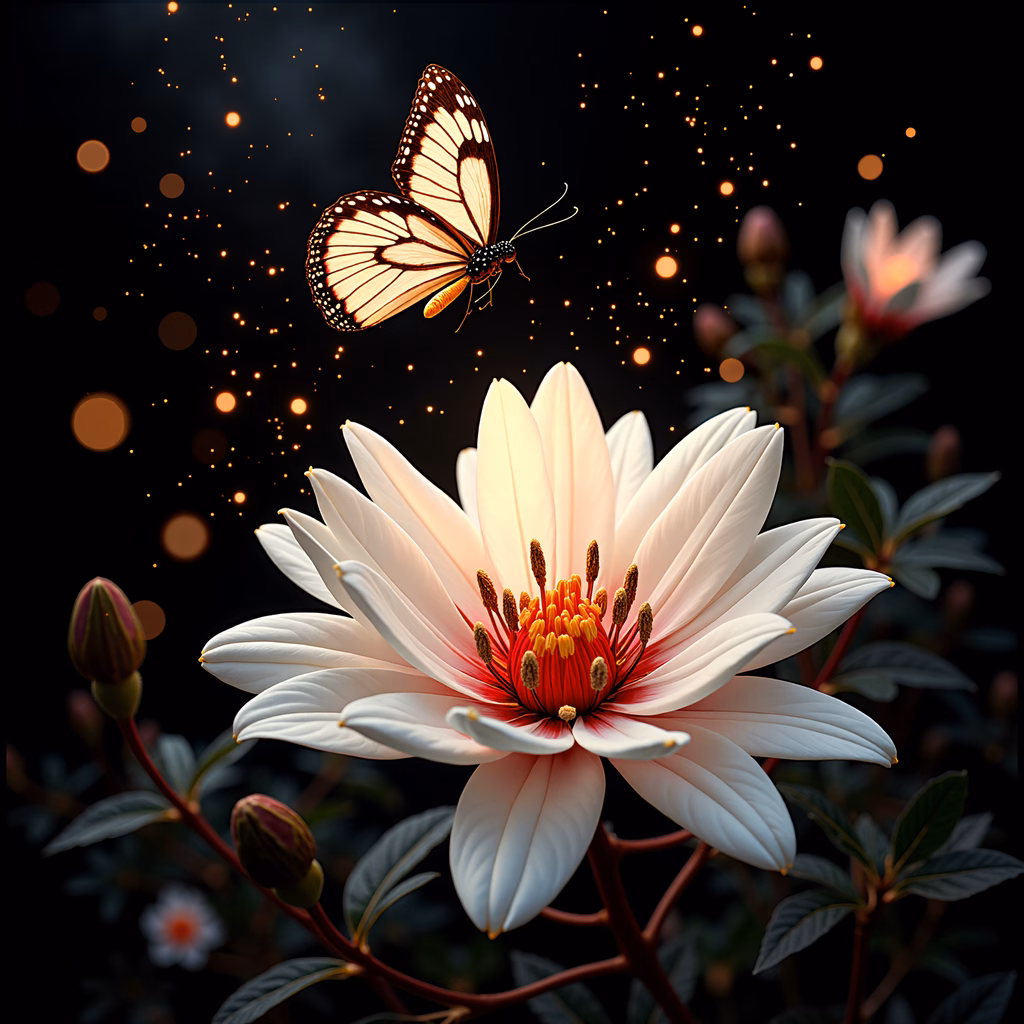A monarch butterfly and a white flower against a starlit night sky, evoking wonder and tranquility.
