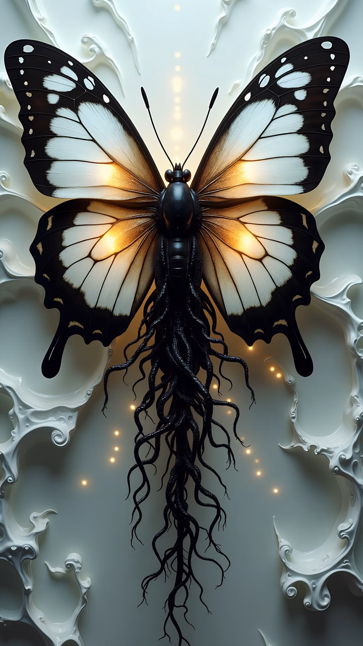 A surreal butterfly with black roots on a light, ethereal background.