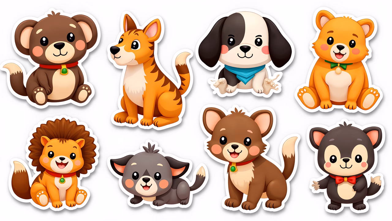 Cute cartoon animals with vibrant colors and playful expressions.