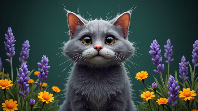 Cartoon Cat Among Flowers