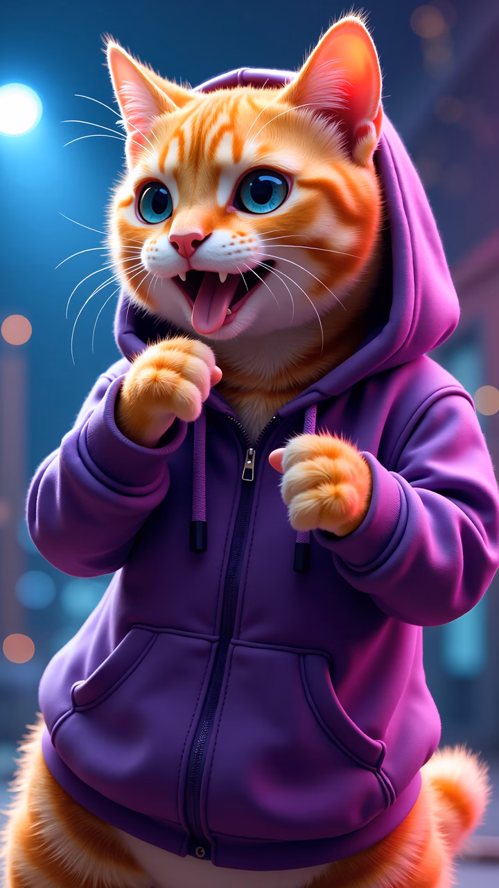 A playful cartoon cat in a purple hoodie against a bokeh-lit background.