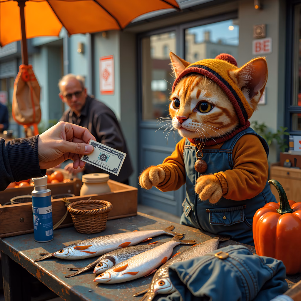 Cartoon cat vendor selling fish at a market under an orange umbrella.