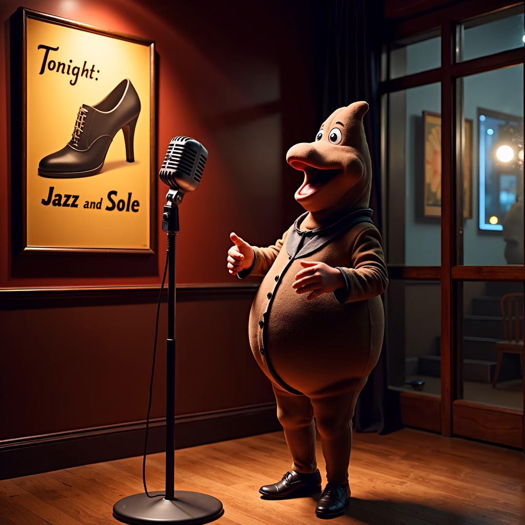 Cartoon host of a jazz night event, warm and inviting atmosphere.