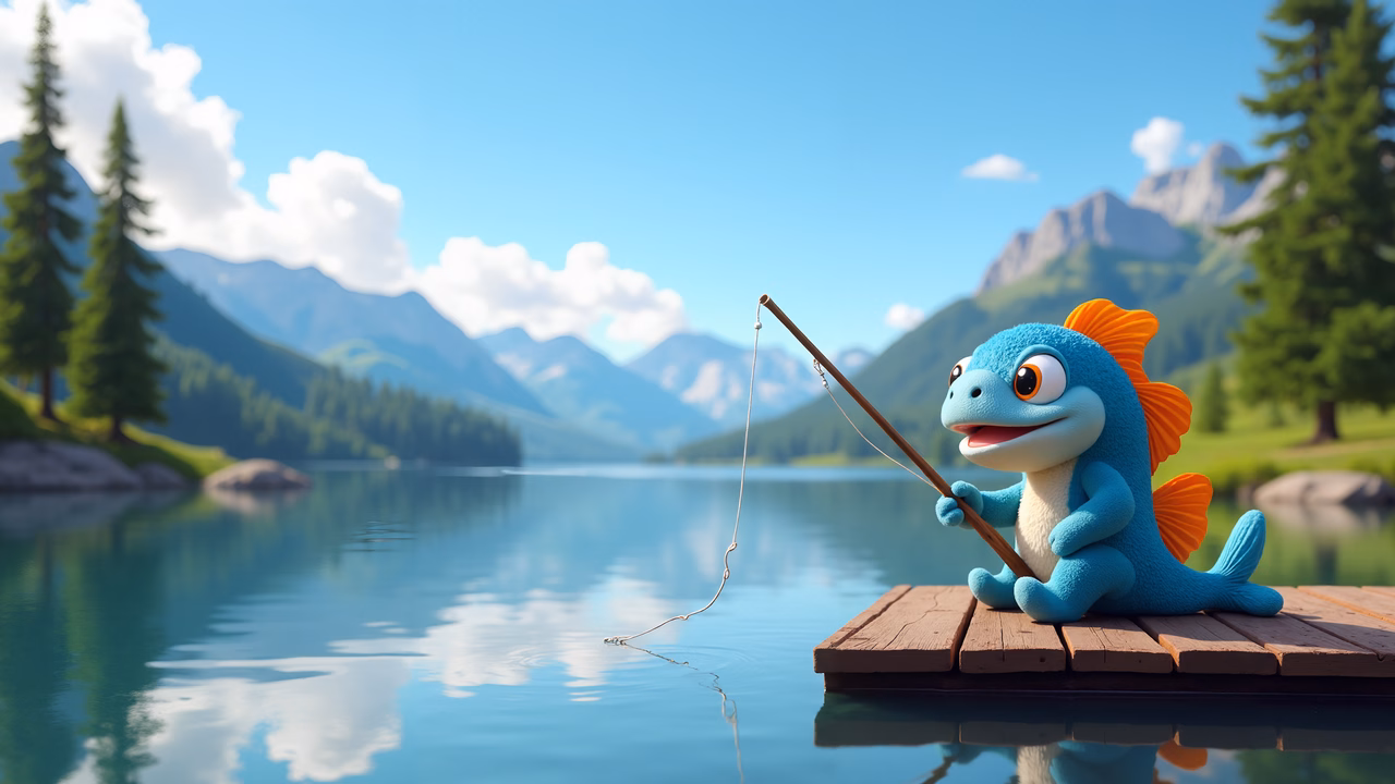 A cute dinosaur fishing by a peaceful lake surrounded by mountains.