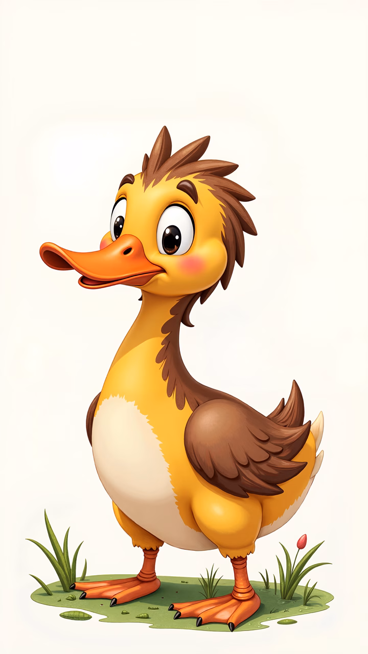 A cute cartoon duck standing on a grassy patch, perfect for children's art.