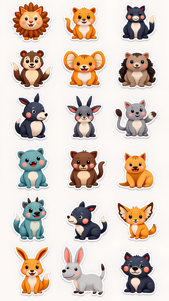 Cute cartoon forest animals in a playful grid arrangement.