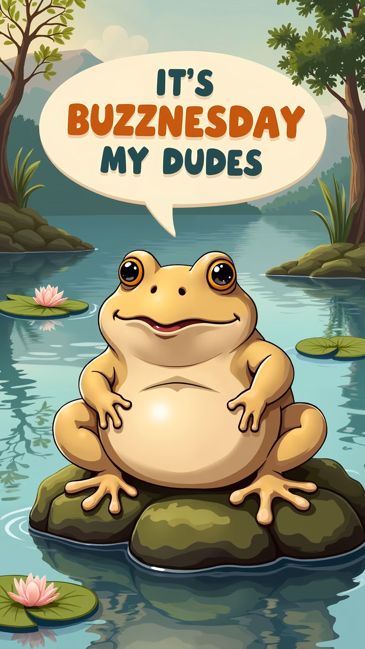 Cartoon frog humorously announces 'Buzznesday' in a peaceful pond setting.