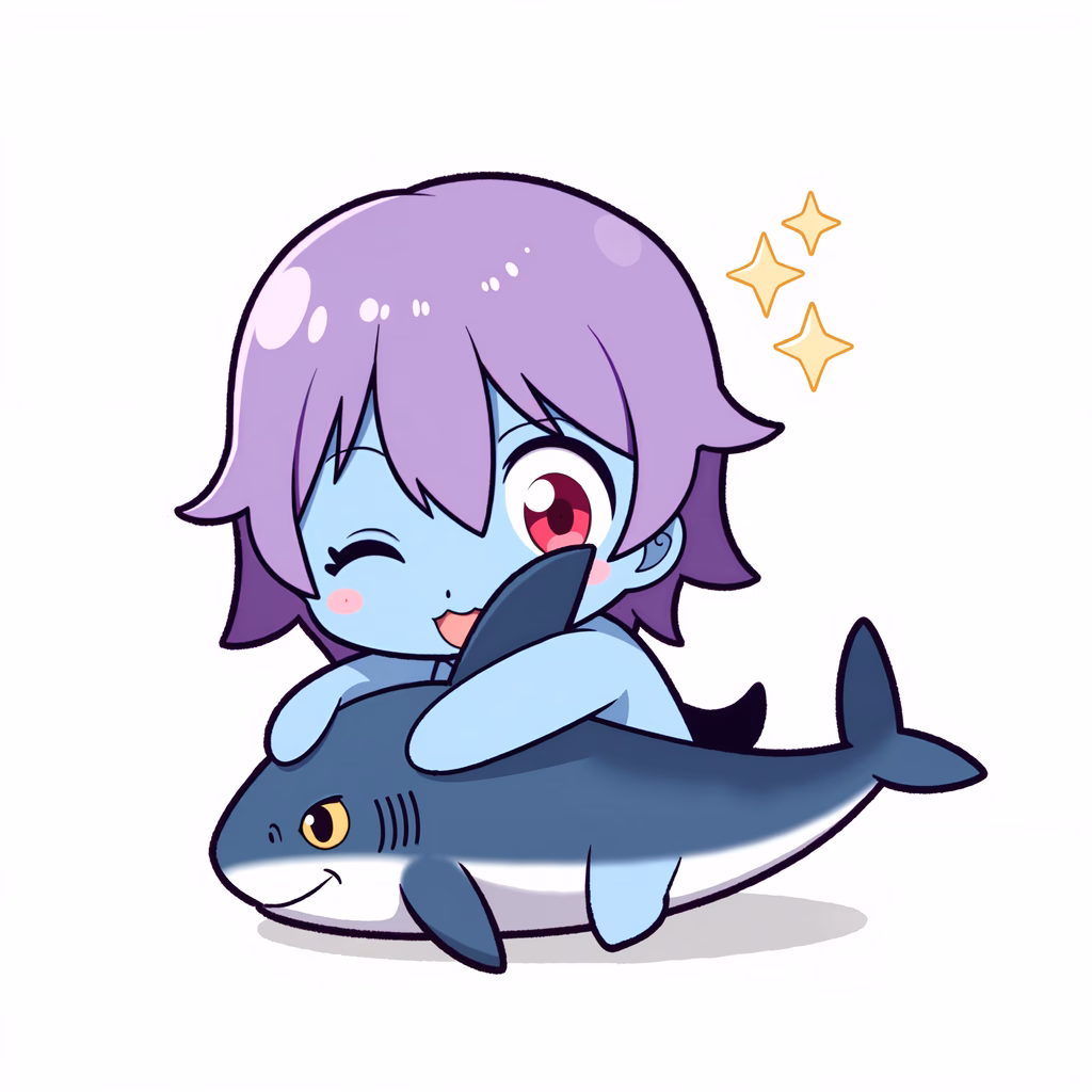 A cheerful girl riding a friendly shark in a pastel-colored illustration.