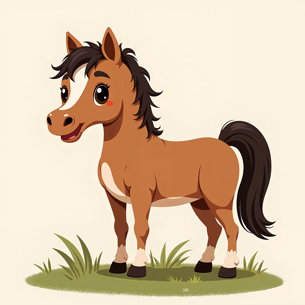 A cheerful cartoon horse standing on grass, perfect for children's art.