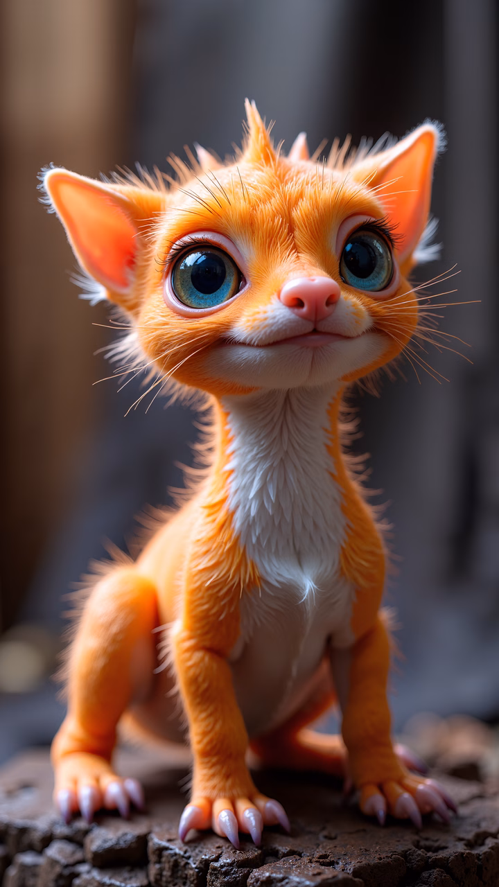 A cute, cartoon-style kitten with expressive eyes and a fluffy coat, set against a cracked earth background.