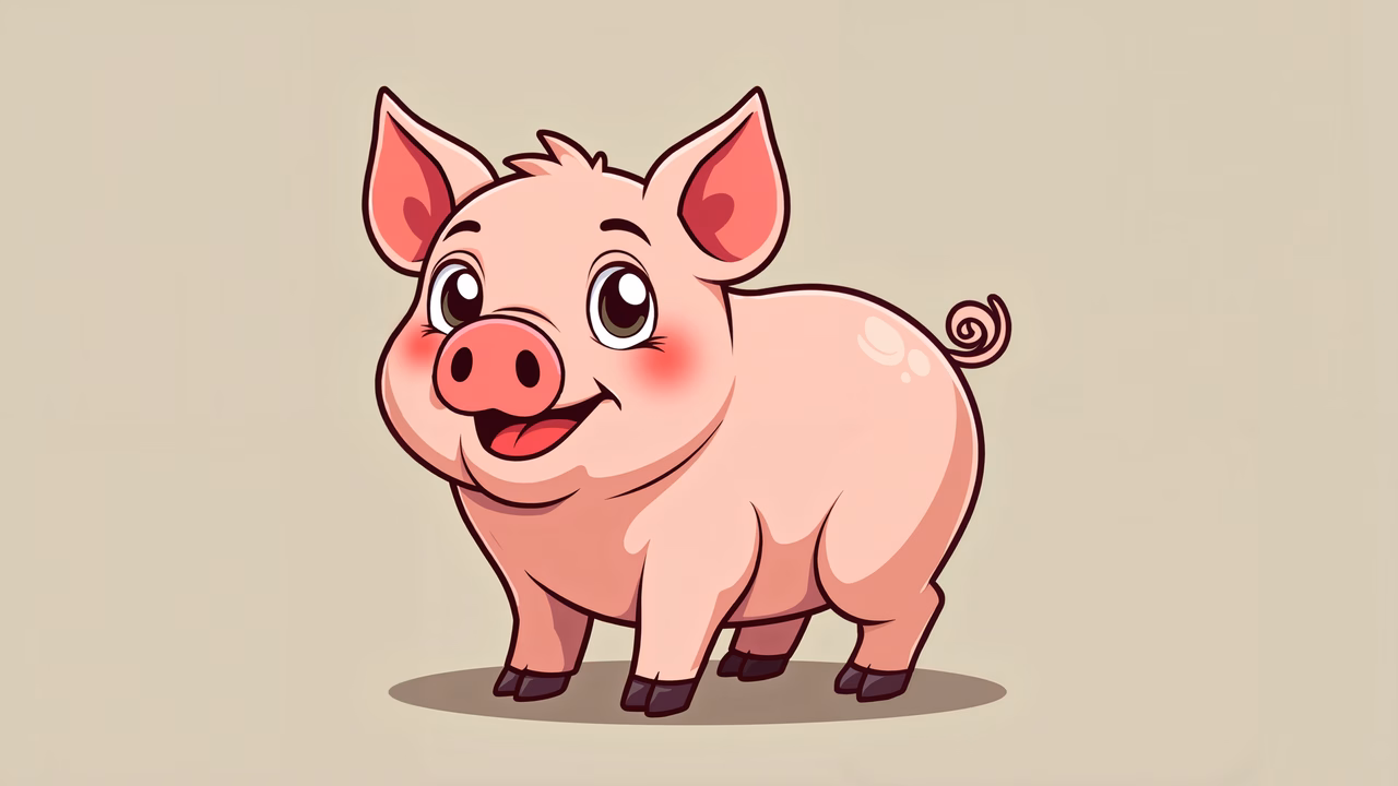A cute cartoon pig with rosy cheeks and big eyes, perfect for children's art.